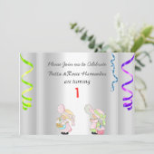 Twins 1st Birthday Announement Party Silver Kaart (Staand voorkant)
