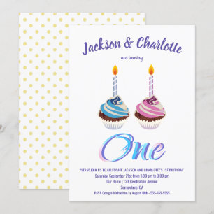 Twins 1st Birthday Boy and Girl Cupcakes Party Kaart