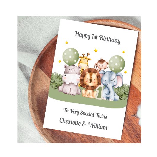 Twins 1st Birthday Safari Leaf Animals Card Kaart