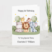 Twins 1st Birthday Safari Leaf Animals Card Kaart (Voorkant)