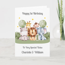 Twins 1st Birthday Safari Leaf Animals Card Kaart
