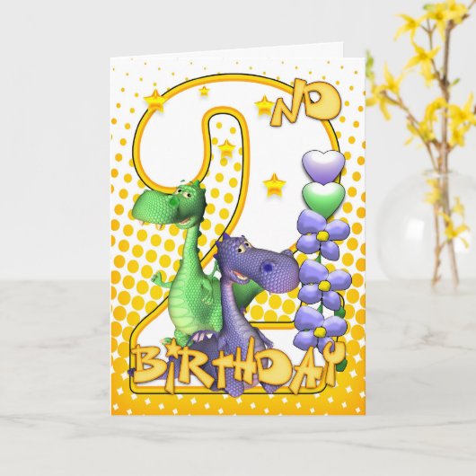 Twins 2e Verjaardag Kaart - Schattige Little Drago (Gele Bloem)