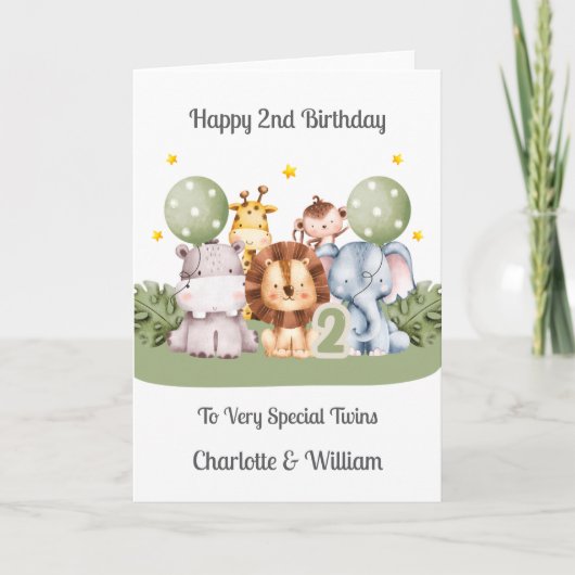 Twins 2nd Birthday Safari Leaf Animals Card Kaart (Voorkant)