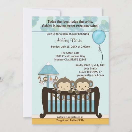 TWINS AARDOLIES Baby shower Invitation Wieg BLUE C Kaart (Voorkant)