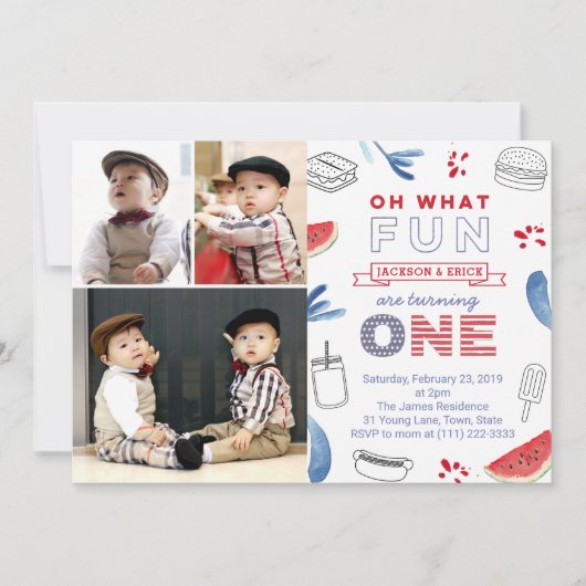 Twins All American 1st Birthday Multiple Photos Kaart (Voorkant)