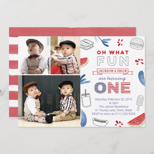 Twins All American 1st Birthday Multiple Photos Kaart (Voorkant / Achterkant)