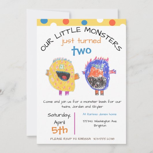 TWINS Any Age Geel Monster Verjaardag Uitnodiging (Voorkant)