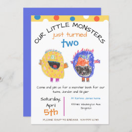 TWINS Any Age Geel Monster Verjaardag Uitnodiging