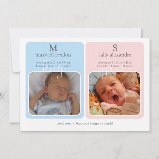 Twins Baby Announction - Monogram Aankondiging (Voorkant)