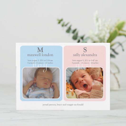Twins Baby Announction - Monogram Aankondiging (Staand voorkant)