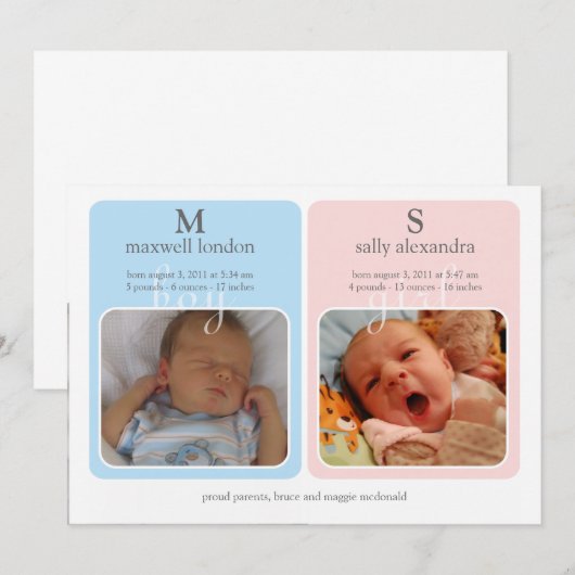 Twins Baby Announction - Monogram Aankondiging (Voorkant / Achterkant)