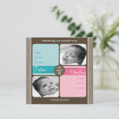 TWINS BABY BEDANKT :: gekoesterd 1SQ Aankondiging (Staand voorkant)