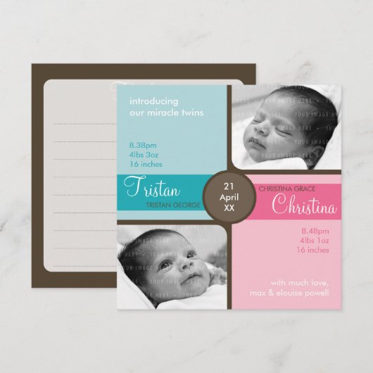 TWINS BABY BEDANKT :: gekoesterd 1SQ Kaart (Voorkant / Achterkant)