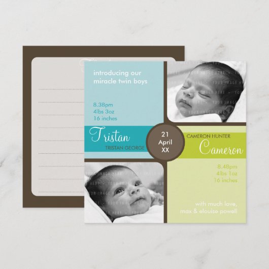 TWINS BABY BEDANKT :: gekoesterd 2SQ Aankondiging (Voorkant / Achterkant)