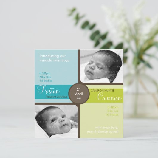 TWINS BABY BEDANKT :: gekoesterd 2SQ Aankondiging (Staand voorkant)