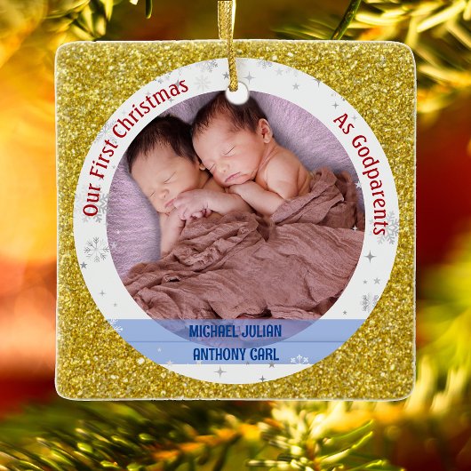 Twins Baby Boys 1e Kerstmis als peetouders 2 foto' Keramisch Ornament