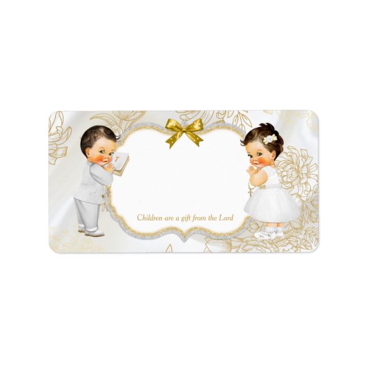 Twins Baby Girl Boy Baptism Christening Gold White Etiket (Voorkant)
