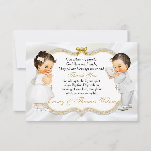 Twins Baby Girl Boy Baptism Gold Cross Bedankt (Voorkant)