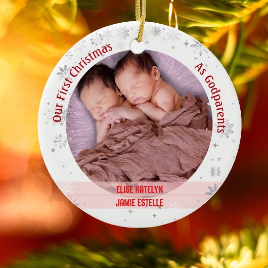 Twins Baby Meisjes 1e Kerstmis Als peetouders 2 Fo Keramisch Ornament