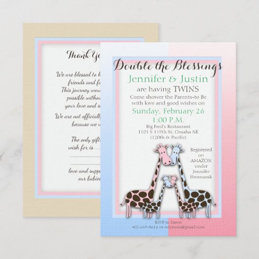 Twins Baby shower Baby Girafes Blue en Pink (Jen) Kaart (Voorkant / Achterkant)
