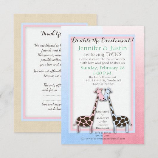Twins Baby shower blauw en roze (Jen) Kaart (Voorkant / Achterkant)
