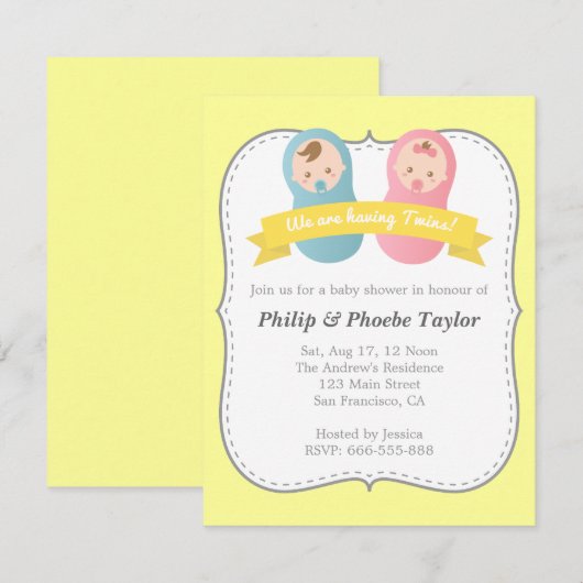 Twins Baby shower - Cute Baby Boy and Girl Kaart (Voorkant / Achterkant)