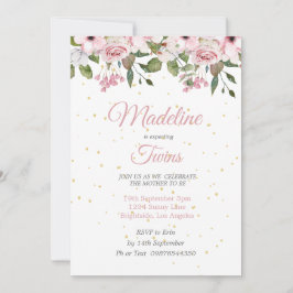 Twins Baby shower Cute Lion Pink Floral Gold Kaart