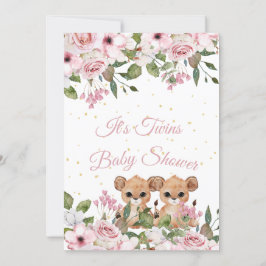 Twins Baby shower Cute Lion Pink Floral Gold Kaart