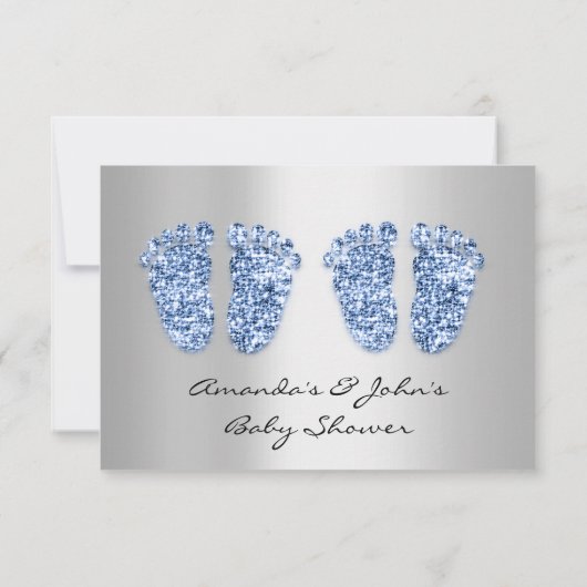 Twins Baby shower Feet Glitter Blue Boys Grey Kaart (Achterkant)