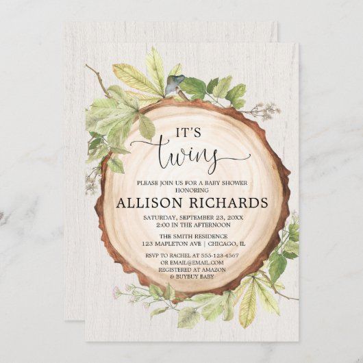 Twins baby shower, genderneutraal tweelingrustiek kaart (Voorkant / Achterkant)