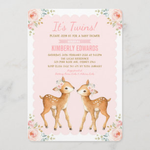 Twins Baby shower Girl Deer Blush Pink Floral Kaart