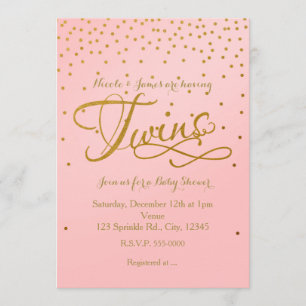 TWINS Baby shower Girl Pink & Gold Dot Invitation Kaart