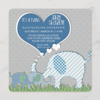 Twins Baby shower Hart Olifanten Grijs Blauw Groen Kaart