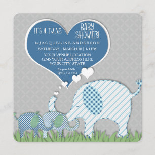 Twins Baby shower Heart Elephants Grey Blue Green Kaart