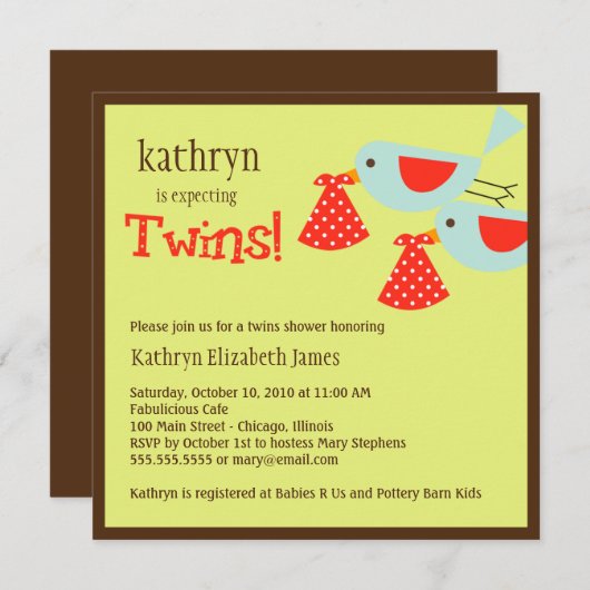 Twins Baby shower Invitation Kaart (Voorkant / Achterkant)
