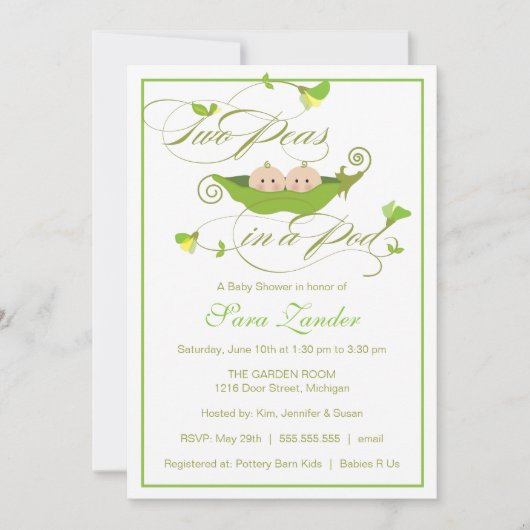 Twins Baby shower Invitation - Twee erwten in een Kaart (Voorkant)