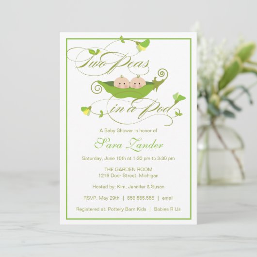 Twins Baby shower Invitation - Twee erwten in een  Kaart (Staand voorkant)