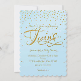 TWINS Baby Shower Lichtblauwe & Gouden Stip Uitnod Kaart