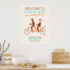Twins Baby shower Monkey Double Trouble Welkom Poster