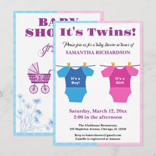 Twins Baby shower Party Meisje Jongen. Kaart (Voorkant / Achterkant)