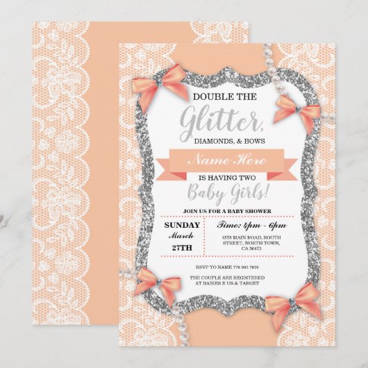 Twins Baby shower Peach Lace Glitter Girl Bows Kaart (Voorkant / Achterkant)