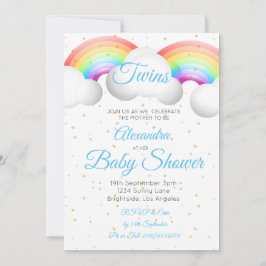 Twins Baby shower Rainbow Clouds Blue Gold Spots Kaart