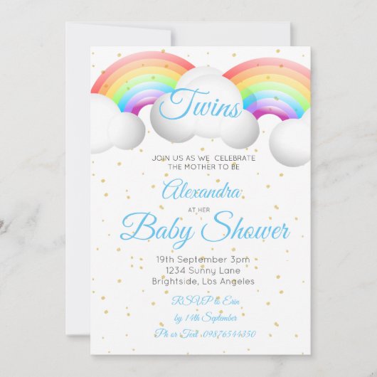 Twins Baby shower Rainbow Clouds Blue Gold Spots Kaart (Voorkant)