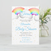 Twins Baby shower Rainbow Clouds Blue Gold Spots Kaart (Staand voorkant)