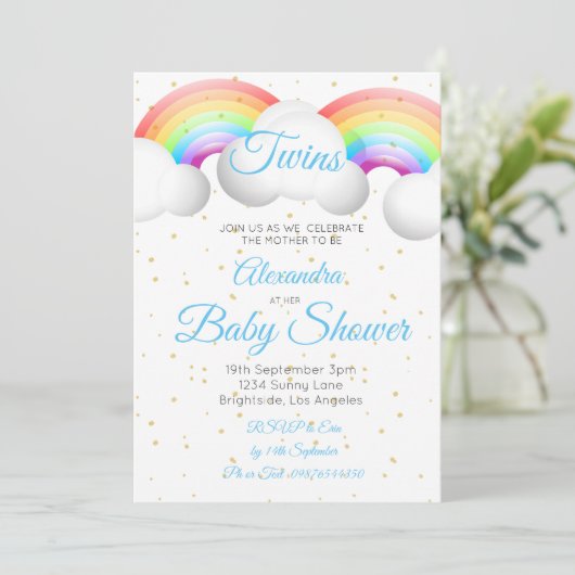 Twins Baby shower Rainbow Clouds Blue Gold Spots Kaart (Staand voorkant)