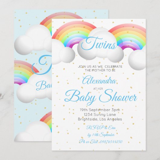 Twins Baby shower Rainbow Clouds Blue Gold Spots Kaart (Voorkant / Achterkant)