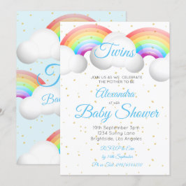 Twins Baby shower Rainbow Clouds Blue Gold Spots Kaart