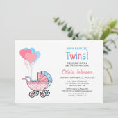Twins Baby shower roze blauwe ballonnen en roller Kaart (Staand voorkant)