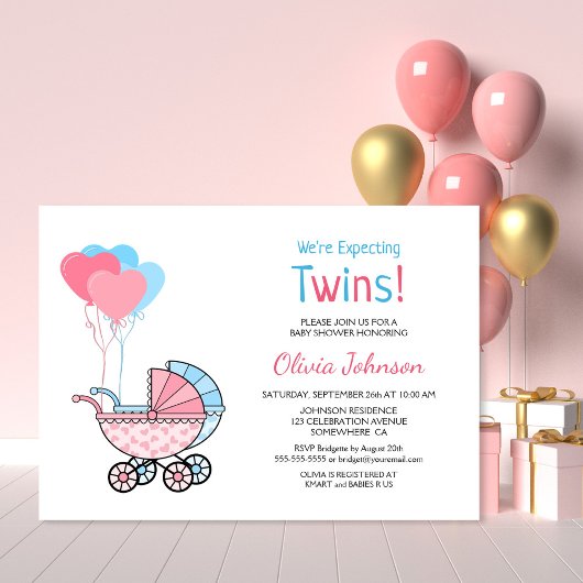 Twins Baby shower roze blauwe ballonnen en roller Kaart