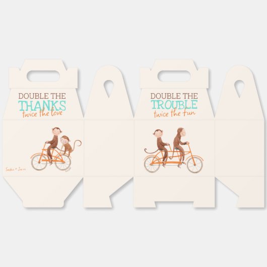 Twins Baby shower Schattige Monkey Double Trouble Bedankdoosjes (Ongevouwen)
